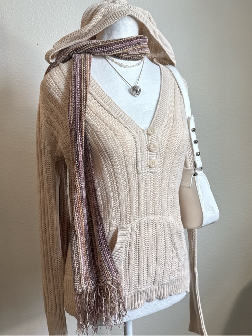 Y2K Fitted Henley Knit Hoodie Downtown Cottage Coquette Vintage